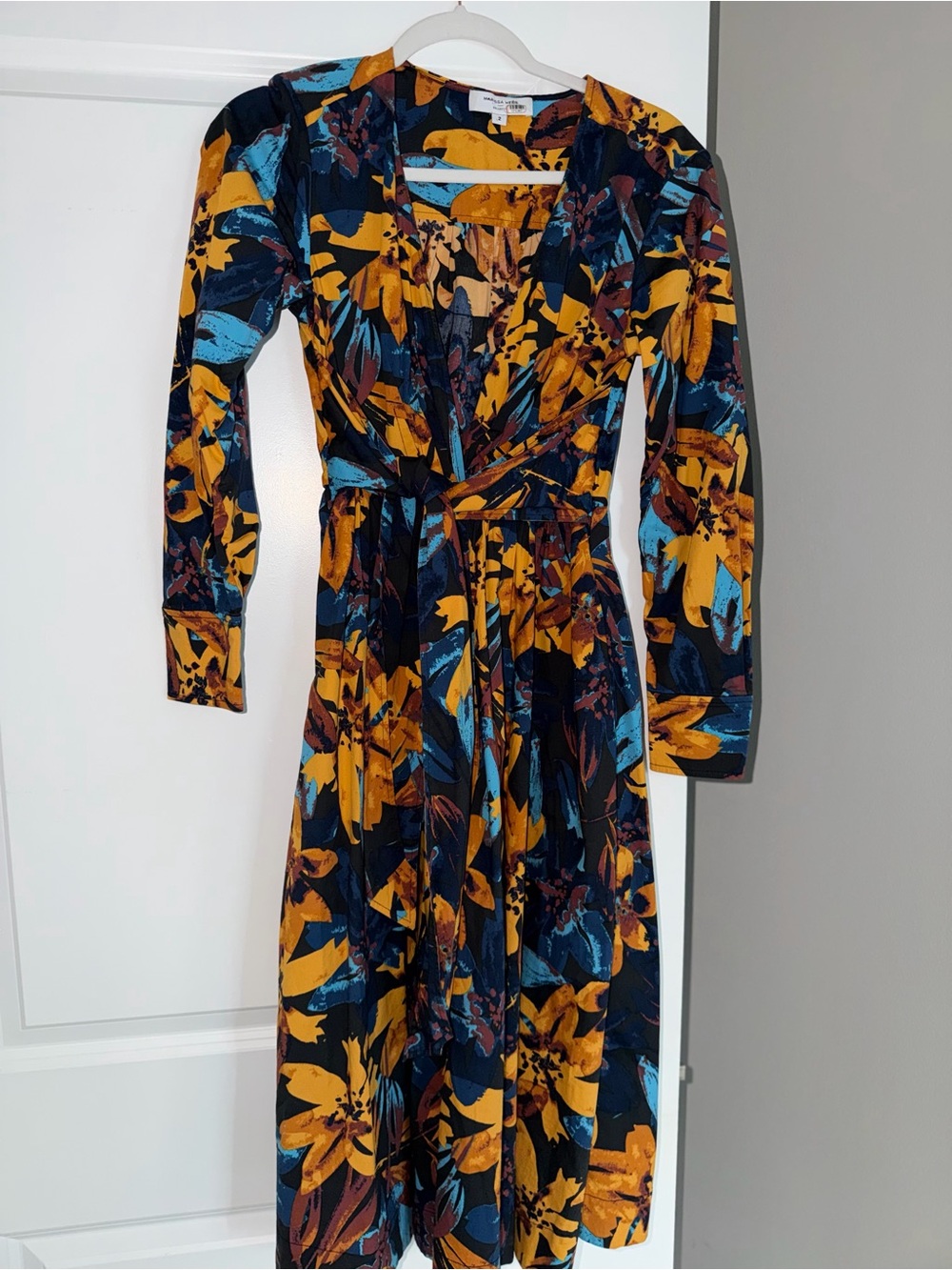 Marissa Webb Navy Wrap Dress with Mustard and Teal Floral Print